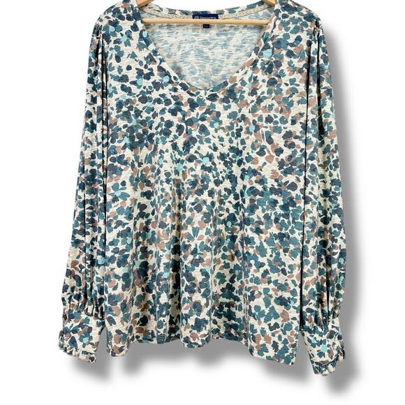 New Democracy Wide V-Neck Floral Camo Print Shirt Plus Sz 3X Teal Mocha - Picture 1 of 7